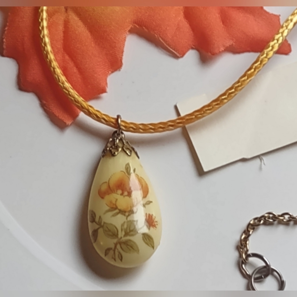 Painted Floral Vintage Pendant on Leatherette Necklace Cord